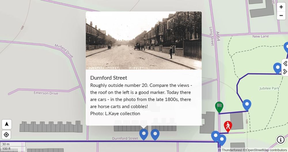 A screenshot of a map of Middleton's photographic walking trail. Overlaid on the map is an old photo of a location on the map, Durnford Street, remarking on how different the location looks today.