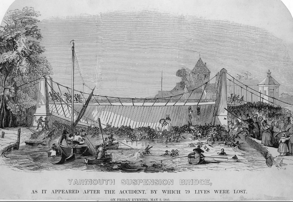 An illustration of the Yarmouth Suspension Bridge Collapse, showing a listing bridge and people falling into the river.