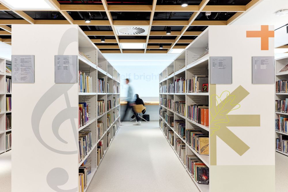 Two long library shelves full of books stretch out before us. At the end of the aisle a blurred walks past.figure 