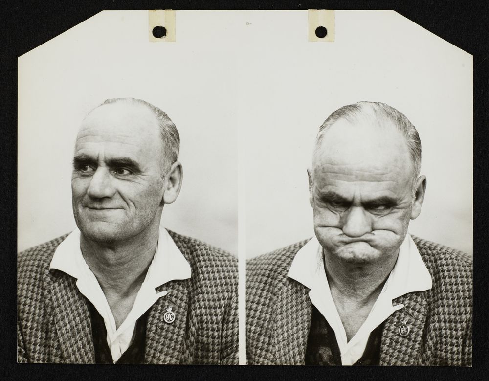 Two sepia photos side-by-side of the same man. In one he makes a very ugly, funny face.