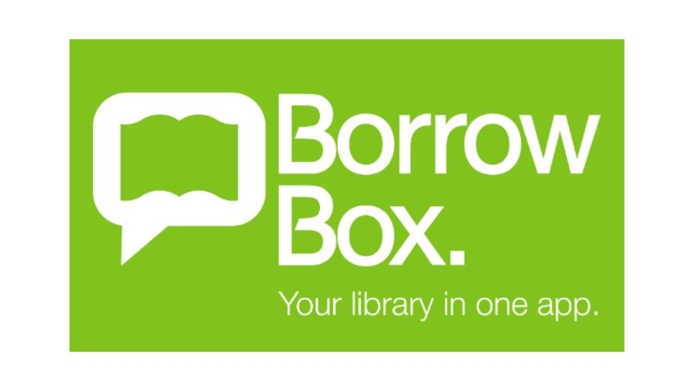 The BorrowBox logo featuring a white speech bubble with a book icon inside on a bright green background. The text reads "BorrowBox. Your library in one app."