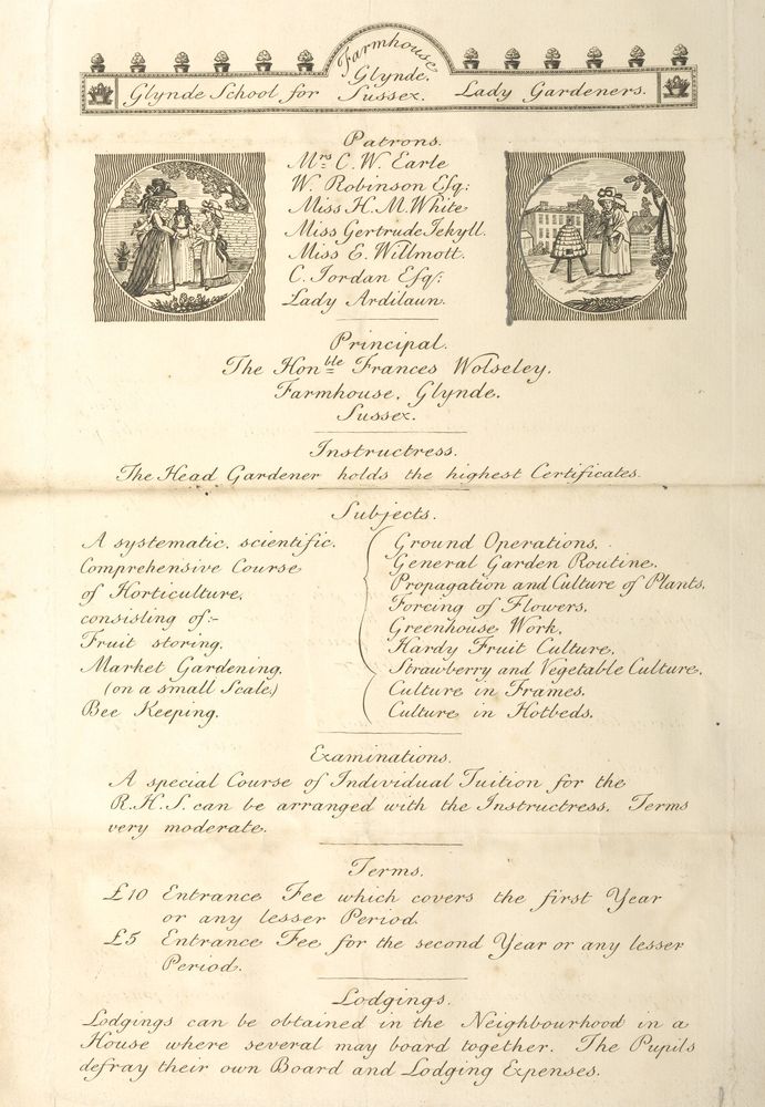 Formal document listing patrons, principal, subjects, and terms for Glynde School.