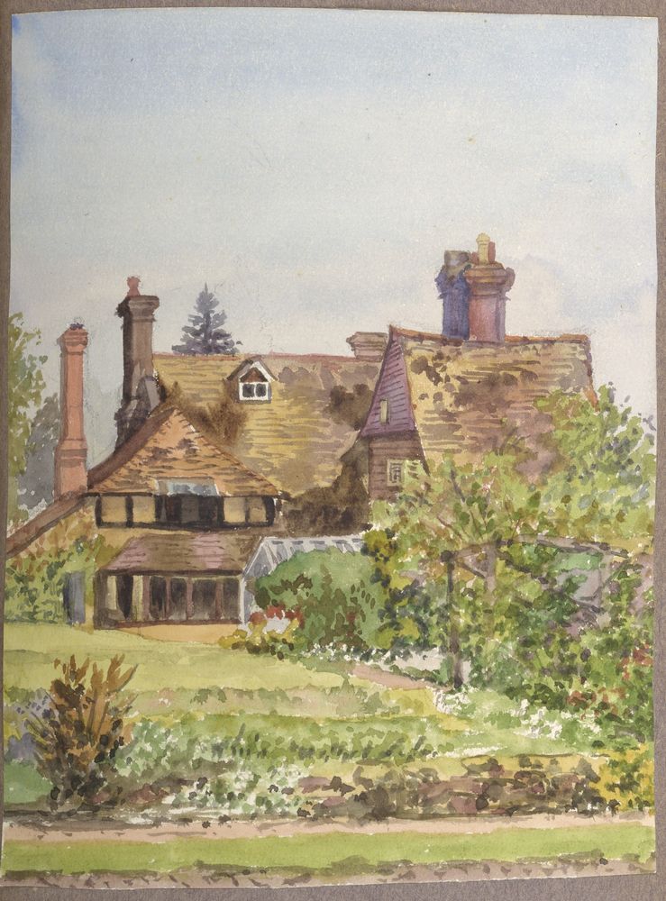 Watercolor painting of a large house with multiple chimneys and gabled roofs, surrounded by trees and a garden.