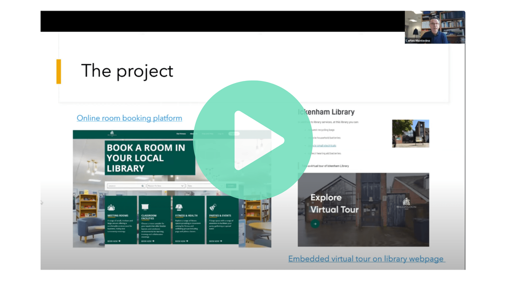 A slide from a webinar presentation. It shows a screenshot from Hillingdon Libraries' website room booking page.