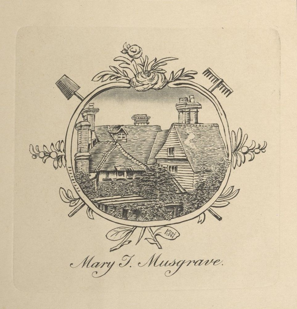 Engraved illustration of a house within a floral border with gardening tools, text "Mary T. Musgrave."