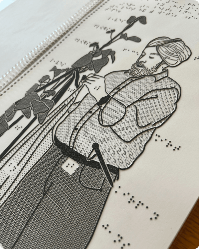Picture of tactile braille image of a portrait photo of Punjabi Sikh allotment gardener in Smethwick, West Midlands in the Unearthed braille guide © Hark1karan